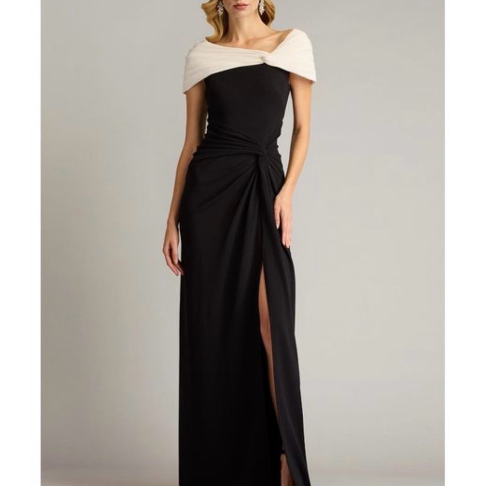 Tadashi Shoji OFF THE SHOULDER PERKINS ASYMMETRIC DRAPED BLACK GOWN
